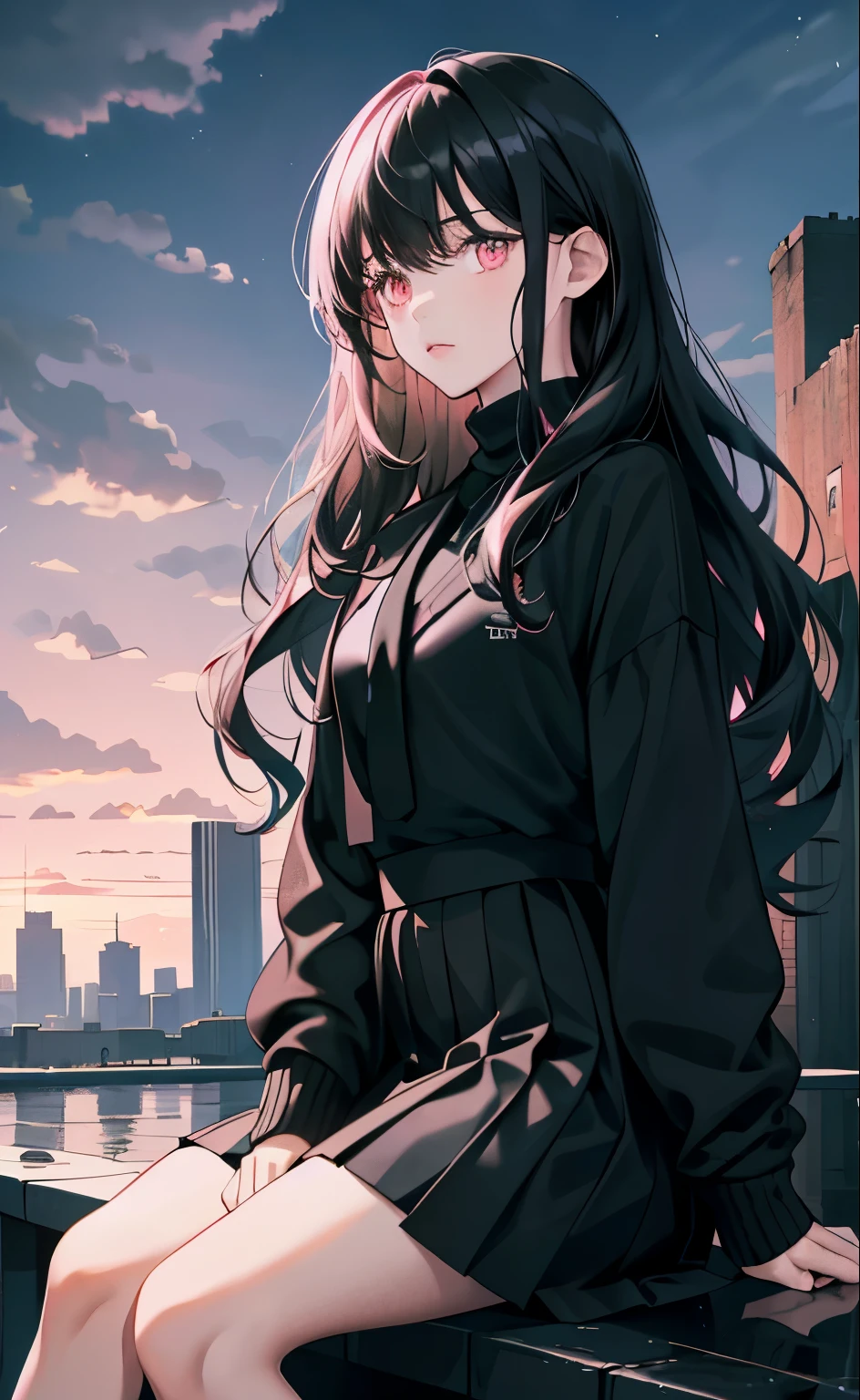 (8k, best quality, masterpiece),girl,Bangs,black tie,long black hair,wavy_hairs,Black Sweater,skirt,pink eyes,Corner,Sky,sitting,looking at the audience,Future world loneliness