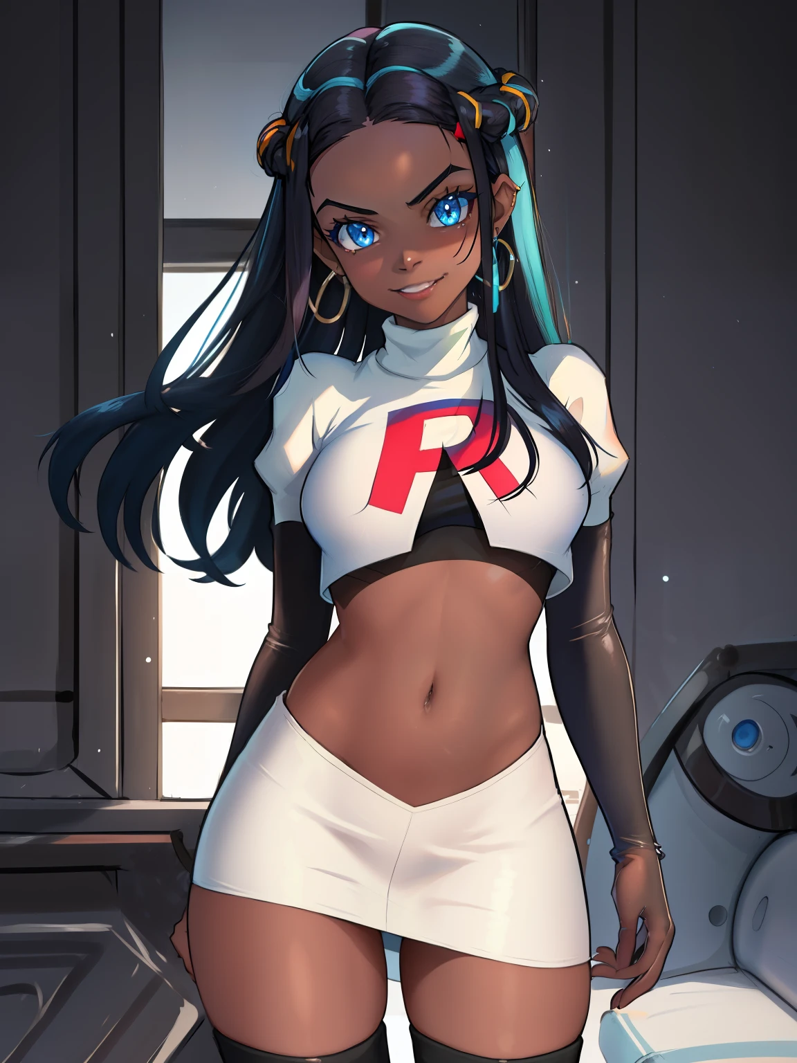 Nessa_Pokemon, 1girl, solo, dark skin, blue eyes, black hair, blue hair, two-tone hair, glossy lips, earings ,team rocket uniform, red letter R, white skirt,white crop top,black thigh-high boots, black elbow gloves, closed mouth, evil smile, looking at viewer, cowboy shot, sexy poses