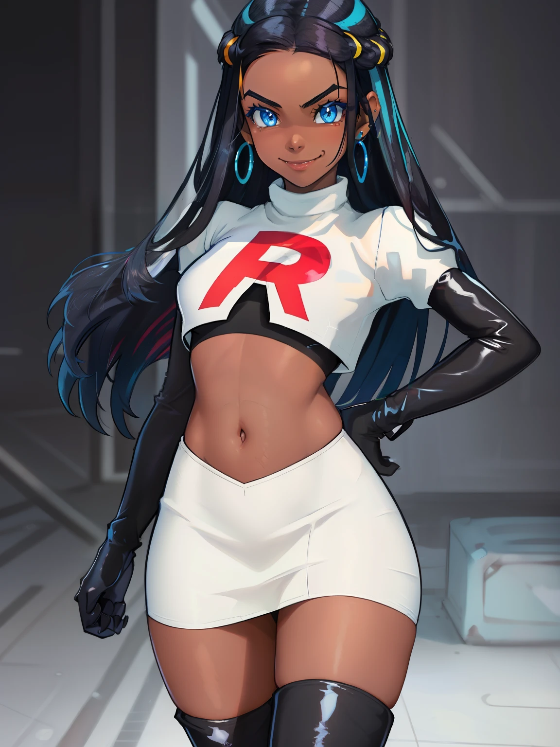 Nessa_Pokemon, 1girl, solo, dark skin, blue eyes, black hair, blue hair, two-tone hair, glossy lips, earings ,team rocket uniform, red letter R, white skirt,white crop top,black thigh-high boots, black elbow gloves, closed mouth, evil smile, looking at viewer, cowboy shot, sexy poses