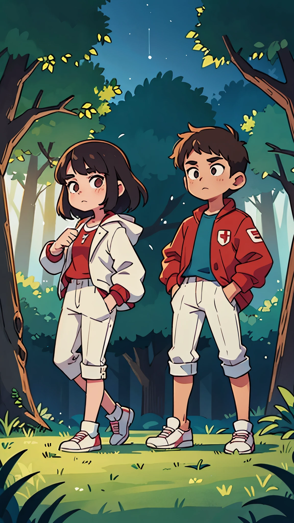 1 brunette haired female , 1 brunette haired male, white clothes, night time , forest, hands in the pocket