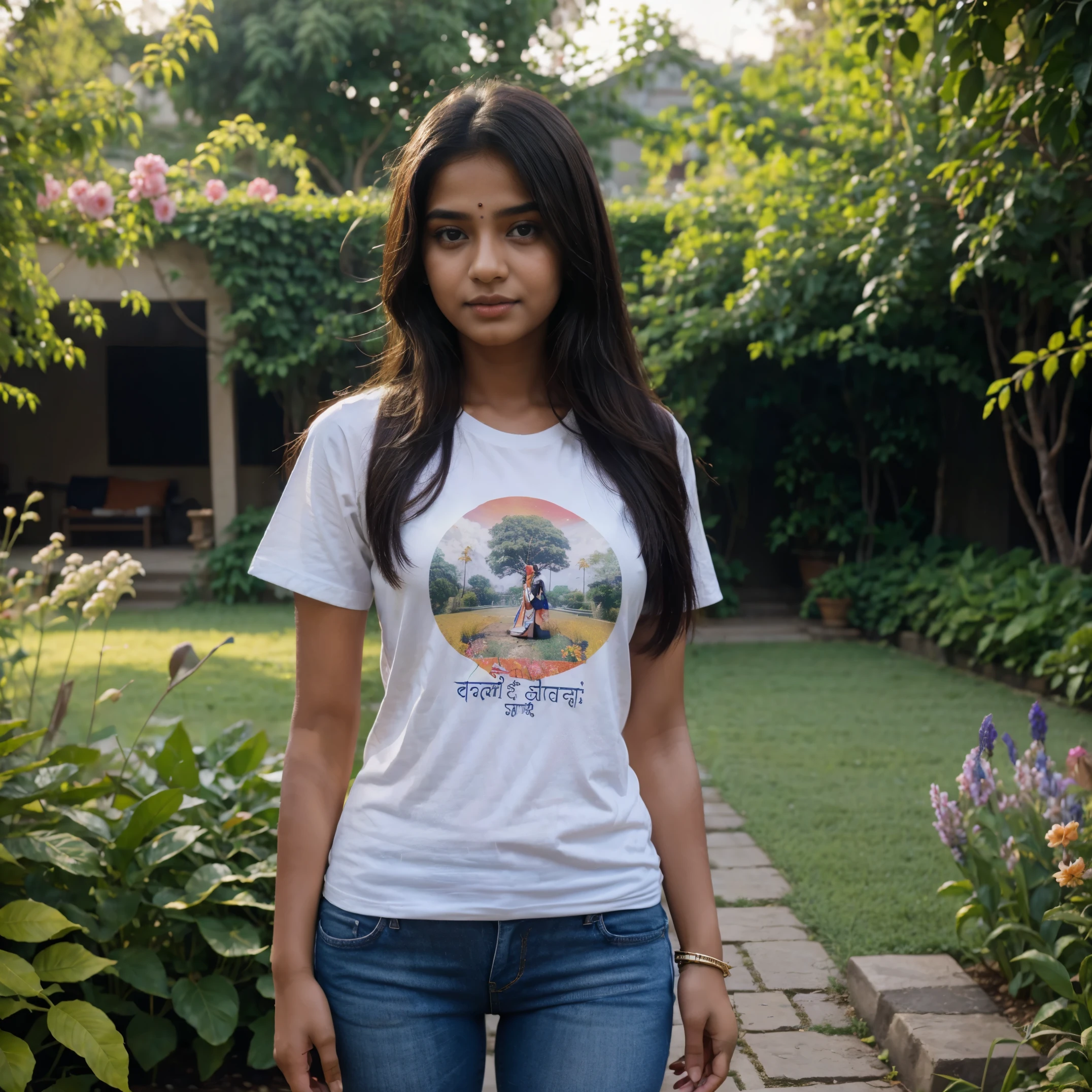 A beautiful Indian young girl wearing T-shirt and jeans standing in a beautiful garden