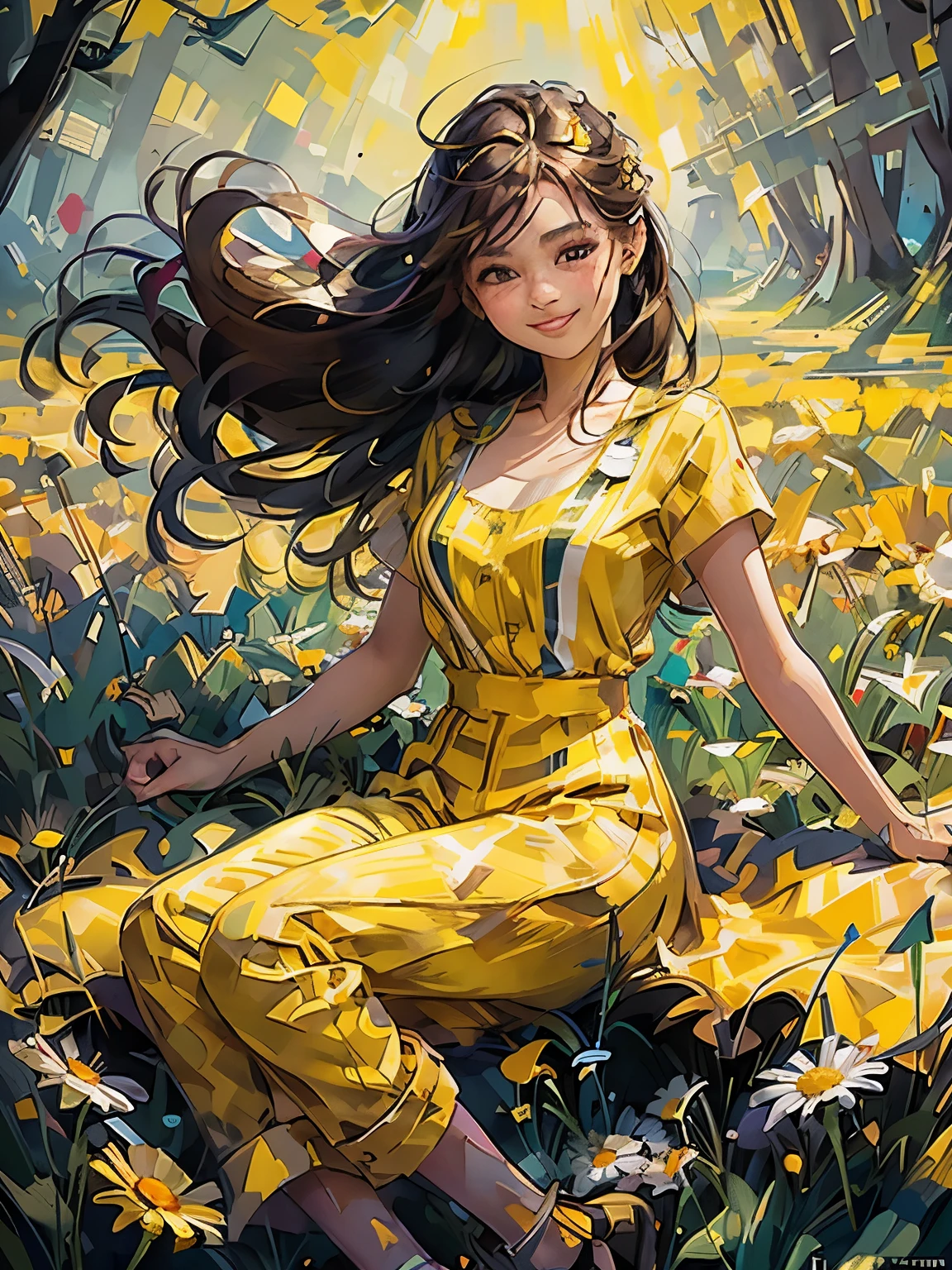 full body photo ,Masterpiece: 1.2, best quality, 1girl, field of daisy, vibrant, (happy:1.4),colorful details,ultra detailed,detailed lighting,\(\(inspired by Hayao Miyazaki\)\),official art, wearing yellow jumpsuit with black stripes, big smile