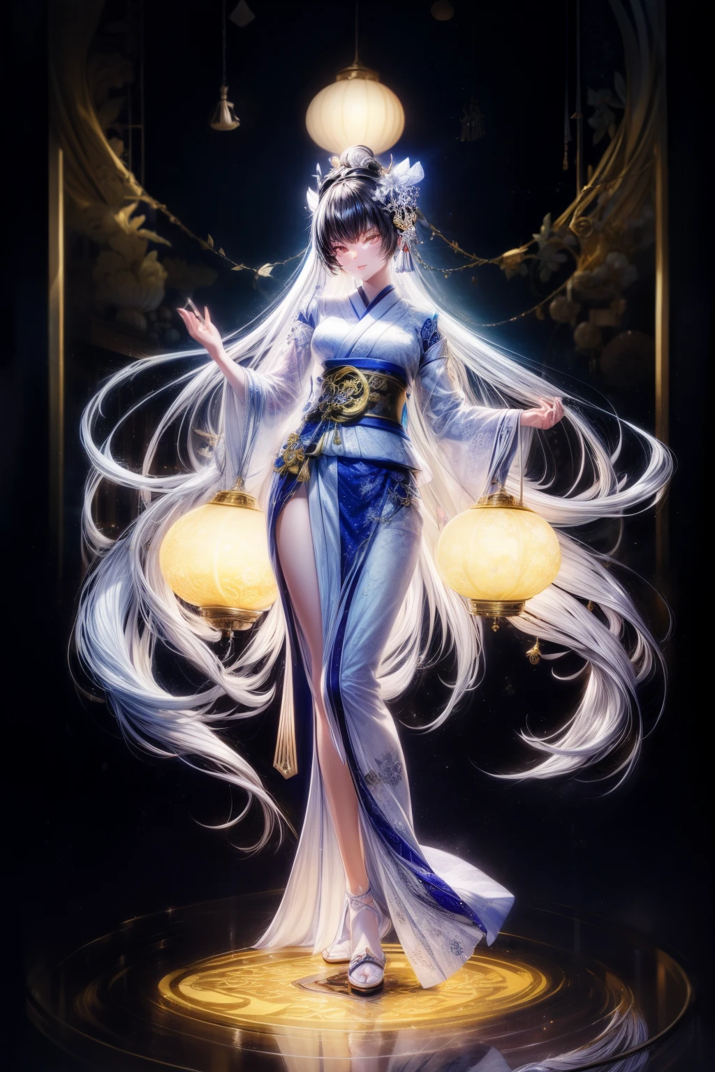 Photos of Japanese women in their 20s,Made of white and silver clear glass and plastic, geisha makeup, black hairstyle, Silver and gold metallic interior, dynamic poses, flowing organic structure, Meticulous carving, Lace design, Glowing golden circuit, 七彩neon decoration, Meticulous carving, Lace design, light emitting circuit, neon decoration, H'artistically.r. lever, Greg Rutowski