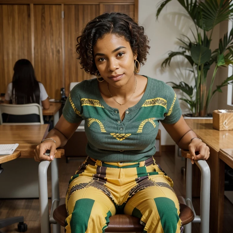 A Brazilian mulatto is a person with a rich ethnic heritage, often exhibiting a combination of African and European ancestry, with a range of skin tones and a vibrant culture that celebrates Brazil&#39;s racial and ethnic diversity, wear clothes in the colors of the African savannah.  gray and green elephant sitting behind a desk like chair and hands clasped. sitting on a straight chair facing the same photo 