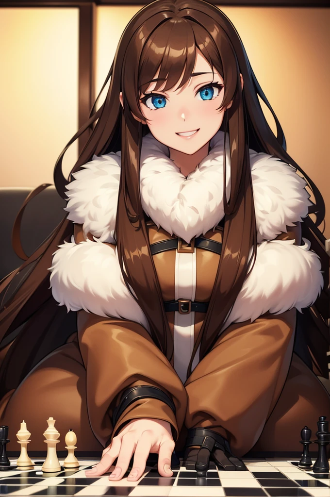 one Rebecca wearing a thick brown fur coat, long brown hair, blue eyes, excited smile, sitting at a chess board, [ 4 k digital art ]!!, seductive anime girl, deviantart artstation cgscosiety, trending on cgstation, 8k high quality detailed art, photorealistic anime girl render, kawaii hq render, commission for high res, thicc