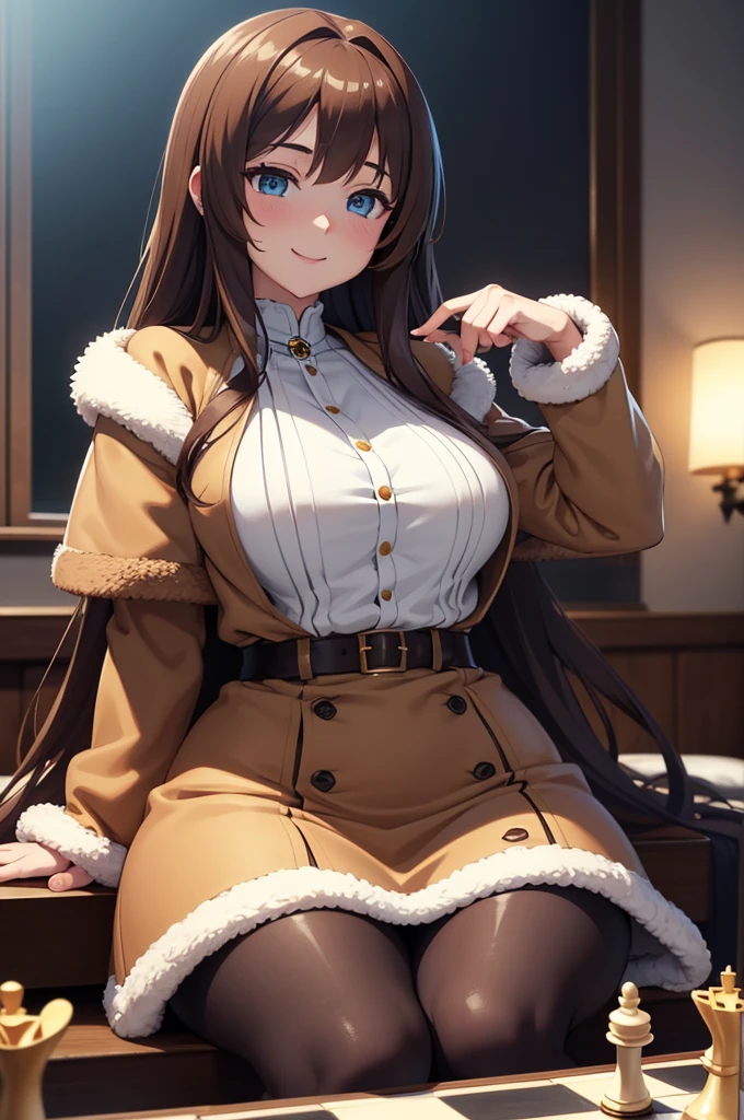 one Rebecca wearing a thick brown fur coat, long brown hair, blue eyes, excited smile, sitting at a chess board, [ 4 k digital art ]!!, seductive anime girl, deviantart artstation cgscosiety, trending on cgstation, 8k high quality detailed art, photorealistic anime girl render, kawaii hq render, commission for high res, thicc