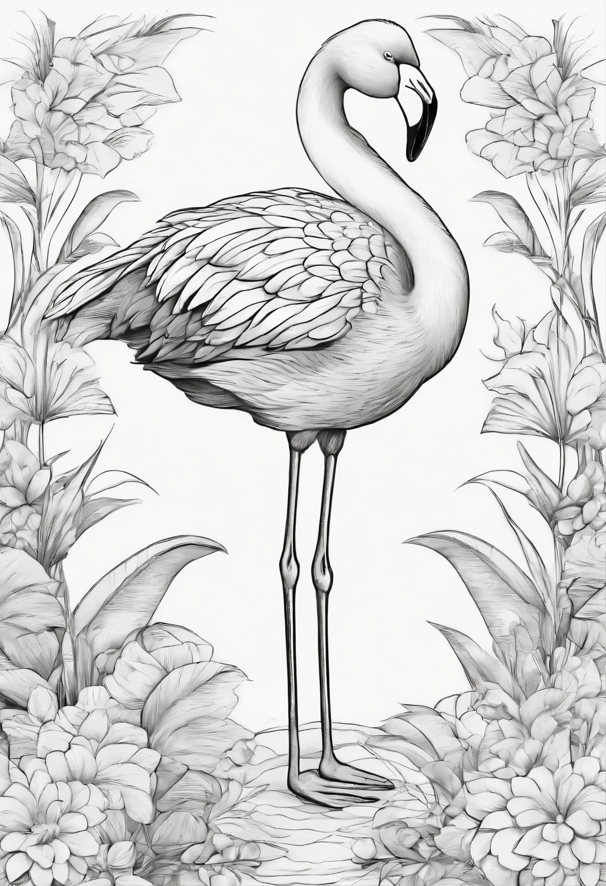 Generate black and white coloring pages of cute cartoon-style Flamingo no color with low detail, no shading, no shadows, no background, and no borders.