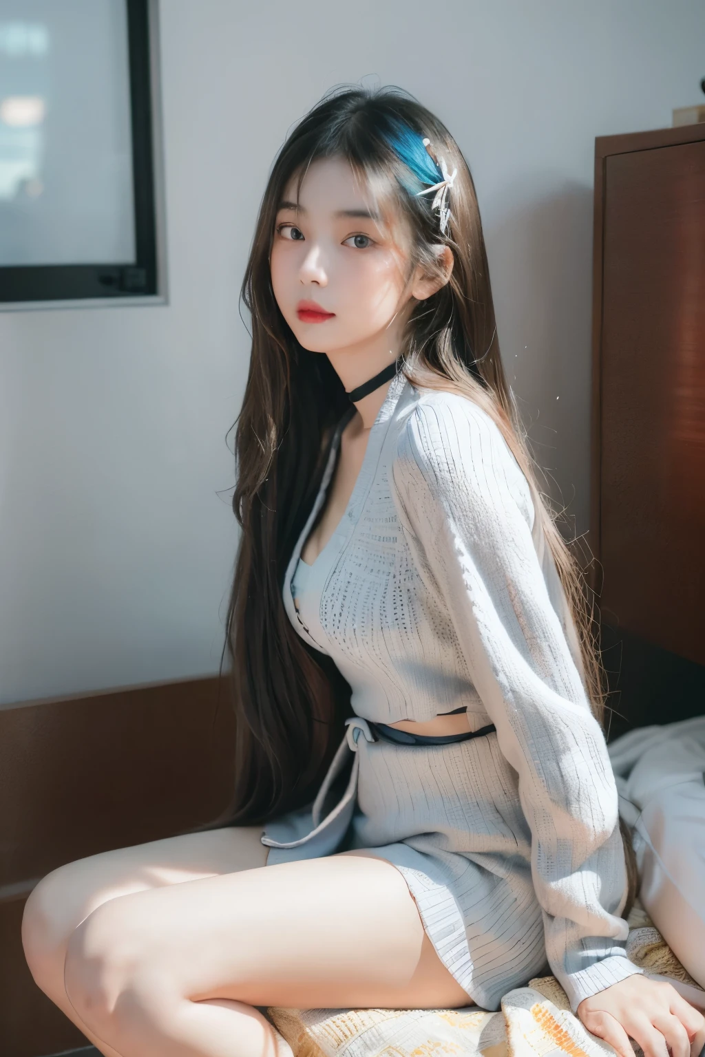 1 girl,long hair,Smile, ((maid outfit)),(in city street) original photo, (photo实际of:1.37, 实际of), High-detail CG unified 8K wallpaper, looking at the audience, (((straight from front))), (Head office skin:1.8, 有光泽of皮肤), 8Kultra high definition, SLR camera, 柔和of灯光, 高quality, film grain, XT3, (professional lighting:1.6)，thick lips，duck mouth，巨大of，low cut装，Expose the upper chest(masterpiece, 最好of_quality, Super detailed, 8k, ultra high definition, flawless:1.latin blue hair, blue hair，cat-Woman,, cat ears, 发光of粉红色眼睛, 害羞of, 合规of, Blushed, Wet oily skin,, 大of胸, 上面of心形纹身, , 大of腿粗, 优美of臀部曲线, 巨大of,E cup，bow tik, tight skin, scantily clad, lace, collar, facing the audience, midnight, of,,japanese goddess, Cardigan shirt, korean girl, 美丽ofasian girl, V-shaped bust clothes, low cut，巨大of，Expose the upper half of the chest，not compact，下垂of大of胸，华丽of中国模特, 美丽of年轻韩国女人, Japanese model, thick lips，duck mouth，asian girl, 美丽of年轻韩国女人,, 美丽of韩国女人,, Looking to the future,巨大of，大of，up,protrait photo，super closeup,face camera，Take photos carefully，Japan Lady，Shredded meat，丰满of身体，black stockings