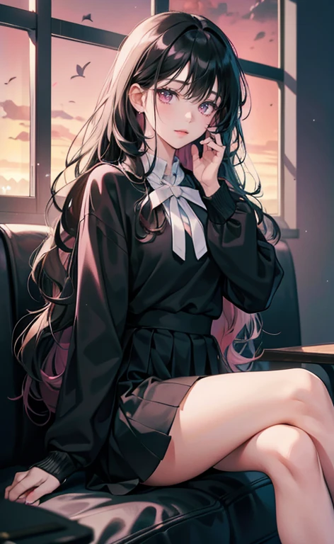 (8k, best quality, masterpiece),girl,Bangs,black tie,long black hair,wavy_hairs,Black Sweater,skirt,pink eyes,Corner,Sky,sitting,looking at the audience,Future world loneliness