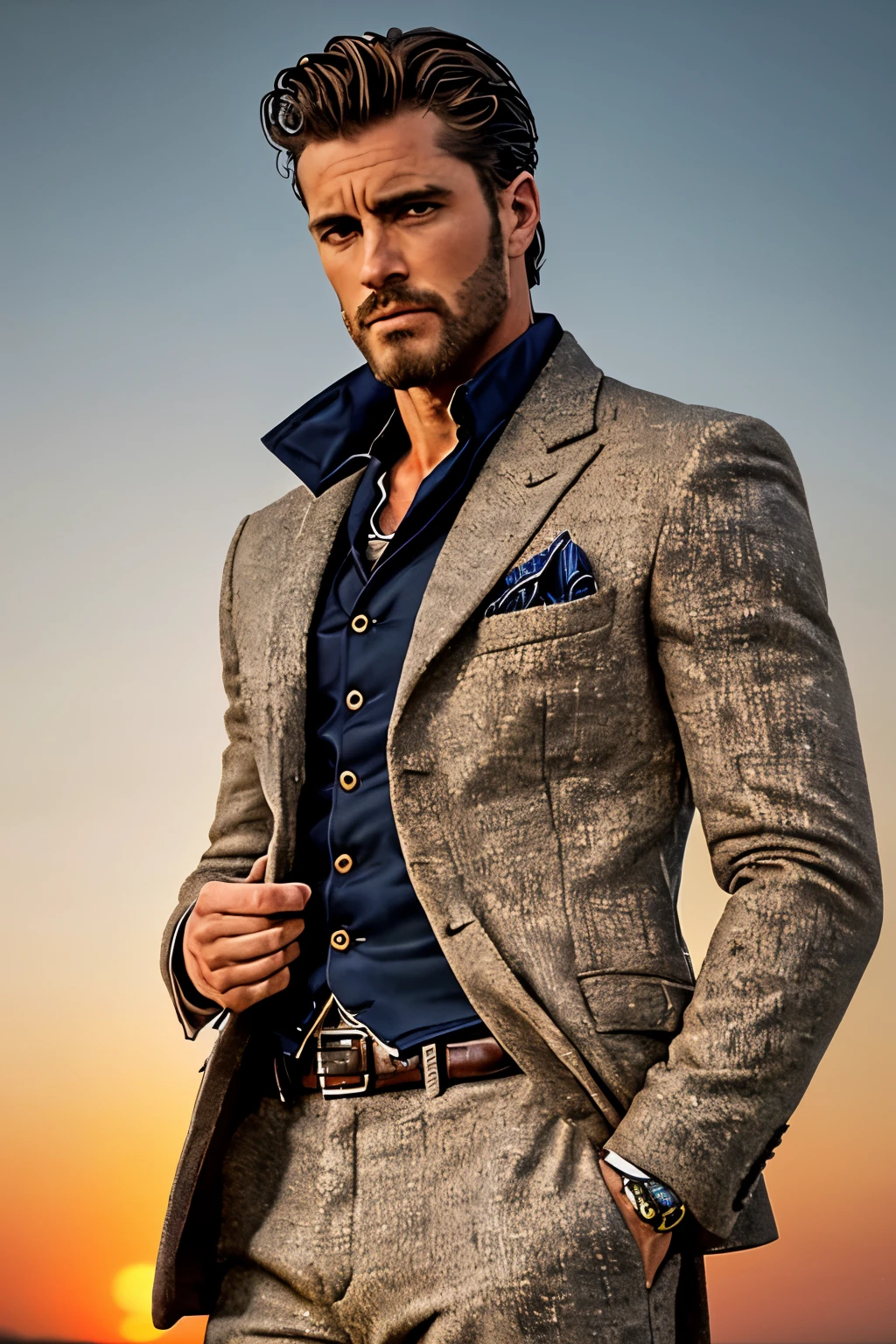 A man with a ruggedly handsome face and stoic expression, wearing a well-tailored suit, stands confidently against the backdrop of a setting sun. His deep-set eyes convey a sense of wisdom and experience, his posture exuding both power and quiet resolve. With a thoughtful hand resting on the chin of his sharp-angled jawline, the man cuts an impressive figure of strength and determination. Inspired by ancient Roman statues, this hyper-realistic depiction of manhood captures the essence of masculinity in its intricately detailed and highly textured glory. (Rugged, Stoic, Well-Tailored Suit, Backdrop of Setting Sun, Deep-Set Eyes