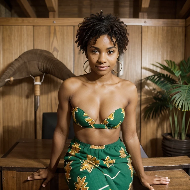 A Brazilian mulatto is a person with rich ethnic heritage, often exhibiting a combination of African and European ancestry, with a range of skin tones and a vibrant culture that celebrates Brazil's racial and ethnic diversity, portant une robe aux couleurs de la savane africaine, elephant gray and green color, sitting behind a desk like a president and her hands are clasped. a photo facing the camera, face appareils photos