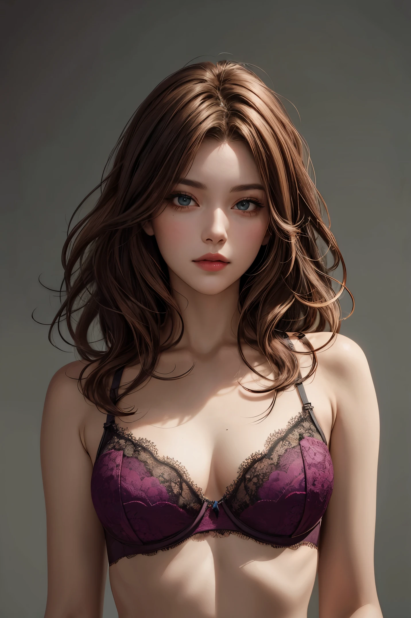 Ultra realistic portrait of a beautiful brown-haired lady in a lace bra, vibrant colors, intricate details, smooth skin, sharp focus on her face and upper body, elegant pose, digital painting, fine details, concept art style, inspirational, luminous, tones perfectly mapped, highly polished, illustration by artgerm.