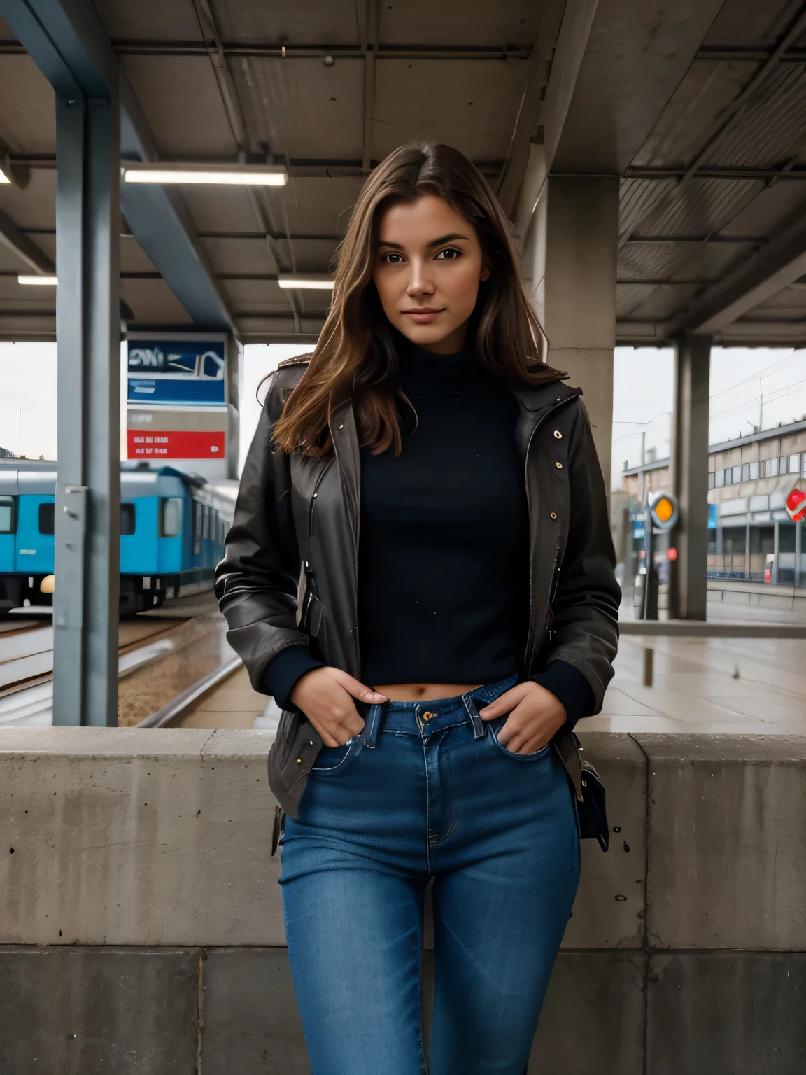 Shot of a 20 year old beautiful model, nicht zu perfekt. foto soll wie amateur wirken, braune Haare, blaue Augen, happy face, realistische Fotografie. winterjacke an, dunkle jeans, sneaker an, (boobs:0.6) am deutschen bahnhof sitzend und wartend.