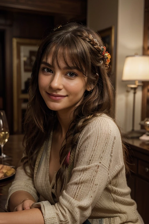 In the environment of a photo studio with the highest image quality (4K, 8K resolution, art: 1.2), a stunning woman with side bangs and a delicate braid rests gracefully on a sophisticated rug. Smiling and dressed in comfortable party attire, she projects a relaxed and cozy atmosphere.
This ultra-detailed portrait is perfect for art lovers, with a realistic, almost photorealistic approach (photorealistic: 1.37), which highlights every detail, from the nuances of facial expressions to the textures of the pajama fabric. Meticulously designed studio lighting accentuates the vibrancy of colors and creates an HDR and Ultra-HD effect, making each element visually captivating.
The bright tones and the application of the Bokeh effect add an artistic dimension, elegantly blurring the background and directing the eye towards the smiling woman. The narrative context expands when mentioning her relationship with a restaurant, perhaps suggesting an involvement with the culinary universe. Furthermore, by including the reference to biological parents, the image acquires deeper emotional layers, connecting to the model's personal life.
This masterpiece is not just a photograph, but a high-quality, ultra-detailed artistic expression, ideal for an 8K HDR wallpaper. With brilliant lighting, sharp focus, and intricate detail, this image provides an extraordinary visual experience.