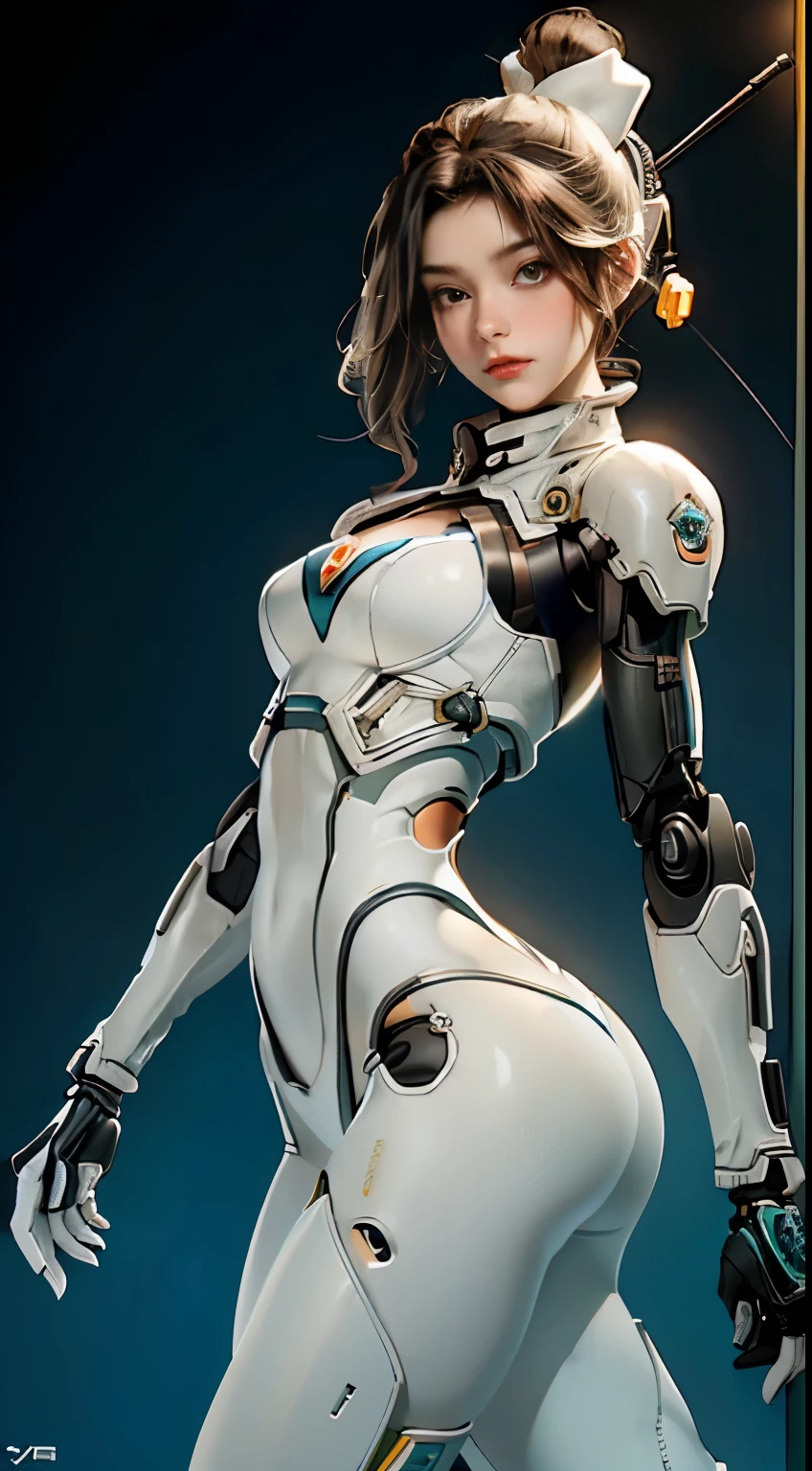 rosto humano extremamente fofo de de dezoito anos, torso humano, peitos enormes humanos, abdome humano, quadris humanos, robot arms, mechanic legs, arms and legs with hard white shiny shell and black joints, muito bonita e feminina, curto, pequeno, Pequeno, Pequeno, busty buttocks, medium bust, cleavage showing, flat belly display, capacete parcial com antena na orelha, black robot joints, Muito elegante, Design de produto premiado, black rubber tights, The shiny white metal breastplate opens at the cleavage and abdomen, the white metal buttocks are wrinkled, e a armadura tem estilo, glowing trims