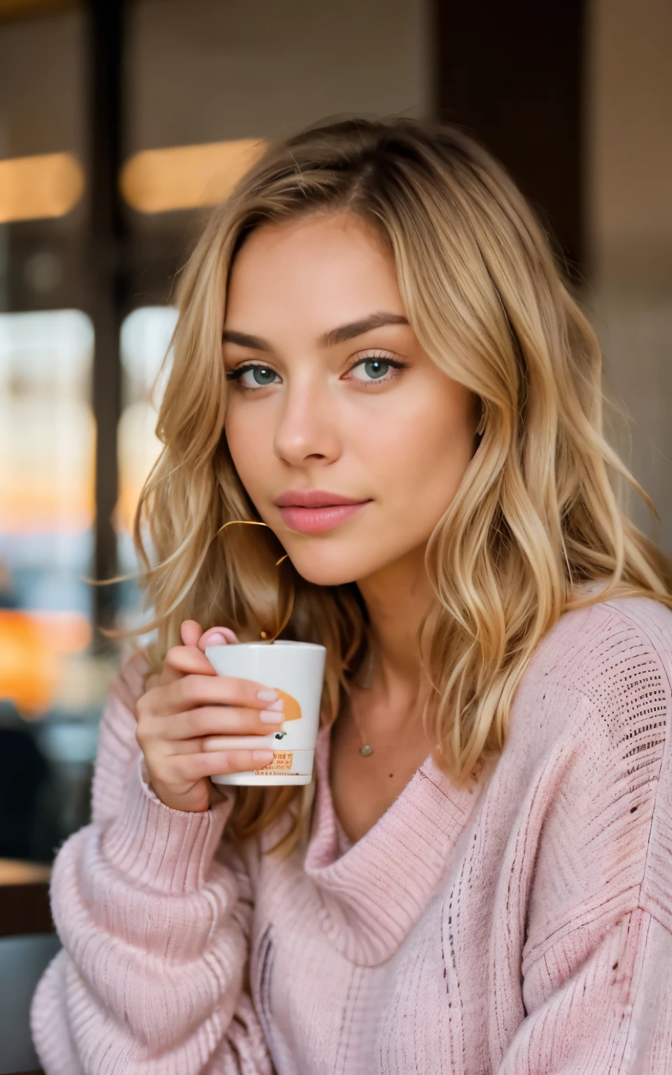 beautiful blonde wearing pink sweater (sipping coffee inside a modern café at sunset), very detailed, 21 years old, innocent face, natural wavy hair, blue eyes, high resolution, masterpiece, best quality, intricate details, highly detailed, sharp focus, detailed skin, realistic skin texture, texture, detailed eyes, professional, 4k, charming smile, shot on Canon, 85mm, shallow depth of field,  kodak vision color, perfect fit body, extremely detailed, foto_\(ultra\), photorealistic, realistic, post-processing, maximum detail, roughness, real life, ultra realistic, photorealism, photography, 8k uhd, photography