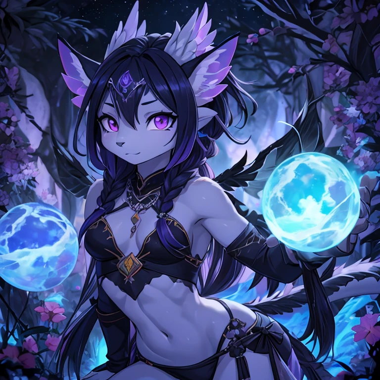 19 year old slutty cute girl, piel negra con azul, arabe, furry, arte peludo, zorra, vestimenta de bruja, aura maligna, alas de dragon, cuerpo con escamas y plumas, bola de energia, lanzando hechizo hechizera, ojos de maldad rojos, hechizo maligno, aura negra Sus ojos son grandes y expresivos, Resplendent irises of blue and purple,