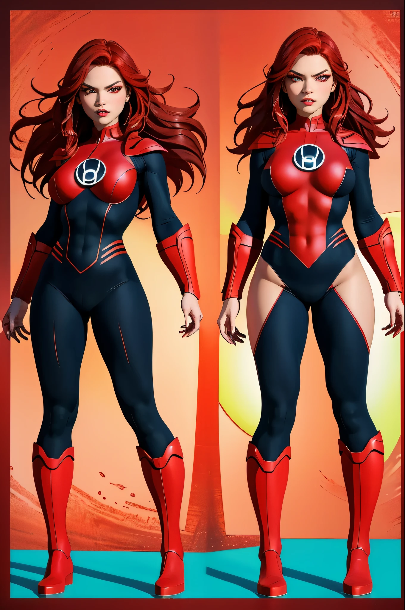 masterpiece, 4k resolution, Hyper realistic, best quality, 1girl, red haired, teal red bloody eyes, perfect body, big boobs, amazing red eyes, red lantern costume, destructive background,