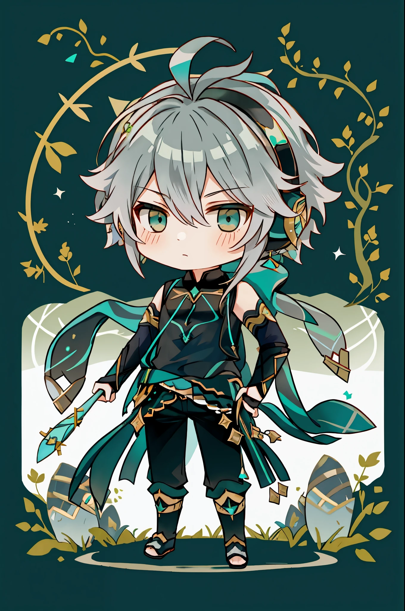 1 male chibi boy solo, grey hair, dark teal eyes, alhaitham genshin impact, black sleeveless top, separate black sleeves, dark pants, long fingerless gloves, teal and gold headphones, ((chibi))