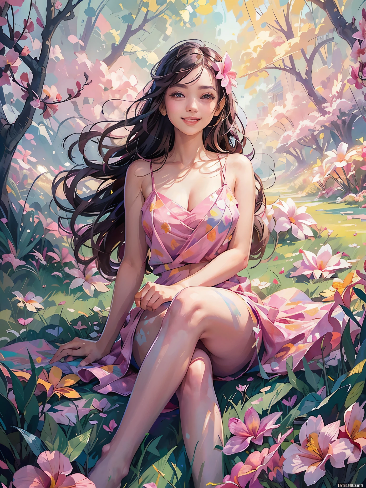 full body photo ,Masterpiece: 1.2, best quality, 1girl, field of plumeria, vibrant, (happy:1.4),colorful details,ultra detailed,detailed lighting,\(\(inspired by Hayao Miyazaki\)\),official art, pink flowers, laying on flowers, big smile