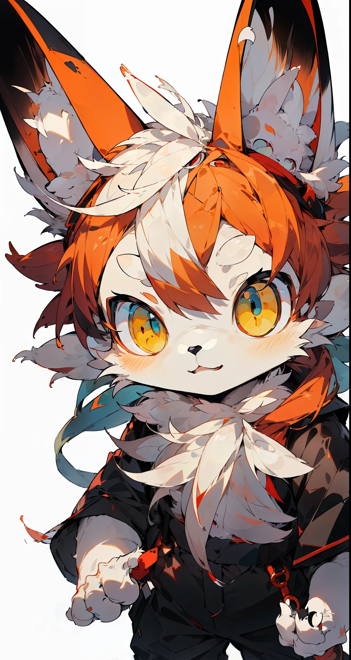 eyes are very bright,Half-length portrait,Q version,头像框, Character focus,alone, hairy, hairy的公猫, White fur for men, red eyes, No hair, style,Little cute, Will sell moe,Wear black clothes and pants,kawaii,Children,individual