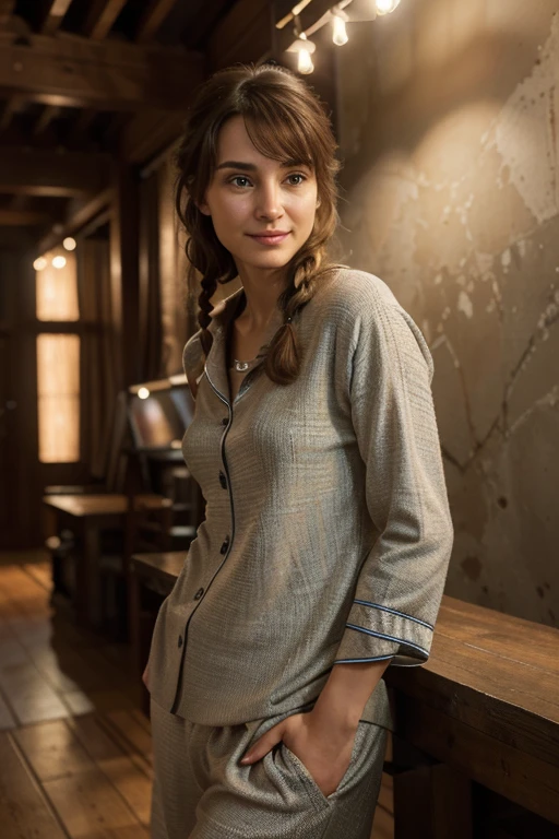 In the environment of a photo studio with the highest image quality (4K, 8K resolution, art: 1.2), a stunning woman with a side bang and a delicate braid, rests gracefully on a sophisticated pier. Smiling and dressed in a comfortable outfit, she projects a relaxed and cozy atmosphere.
This ultra-detailed portrait is perfect for art lovers, with a realistic, almost photorealistic approach (photorealistic: 1.37), which highlights every detail, from the nuances of facial expressions to the textures of the pajama fabric. Meticulously designed studio lighting accentuates the vibrancy of colors and creates an HDR and Ultra-HD effect, making each element visually captivating.
The bright tones and the application of the Bokeh effect add an artistic dimension, elegantly blurring the background and directing the eye towards the smiling woman. The narrative context expands when mentioning her relationship with a restaurant, perhaps suggesting an involvement with the culinary universe. Furthermore, by including the reference to biological parents, the image acquires deeper emotional layers, connecting to the model's personal life.
This masterpiece is not just a photograph, but a high-quality, ultra-detailed artistic expression, ideal for an 8K HDR wallpaper. With brilliant lighting, sharp focus, and intricate detail, this image provides an extraordinary visual experience.