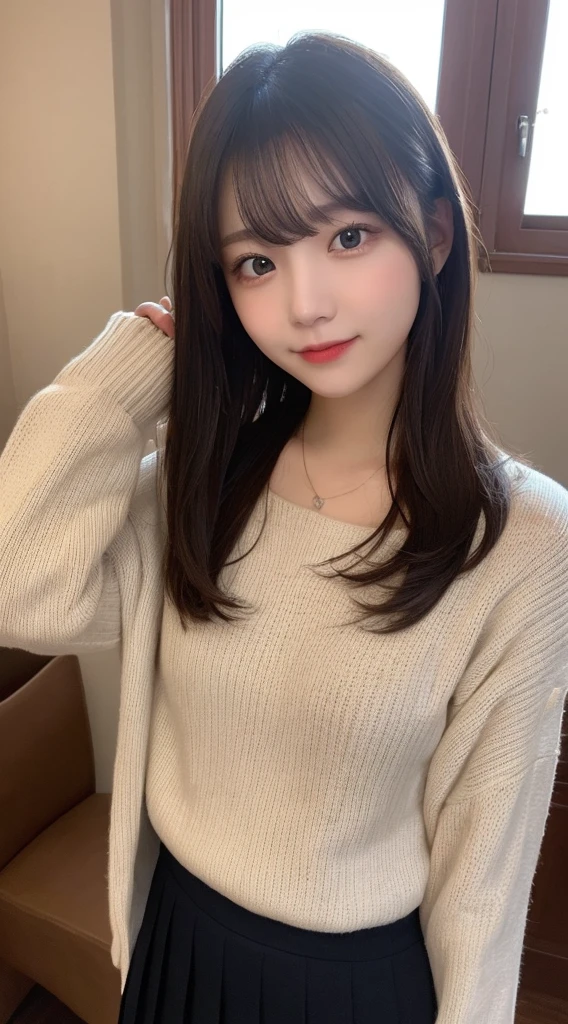 table top, highest quality, figure, super detailed, finely, High resolution, 8k wallpaper, 完璧なダイナミックな構figure, beautiful and fine eyes, fluffy winter clothes,medium hair,Outstanding style,natural color lip,smile,mansion(room)、20 year old girl、cute、sexy looking at camera,perfect and beautiful face,knit sweater,Photograph the entire body、pleated skirt、stand、Hotel、night、Normal brightness room lighting