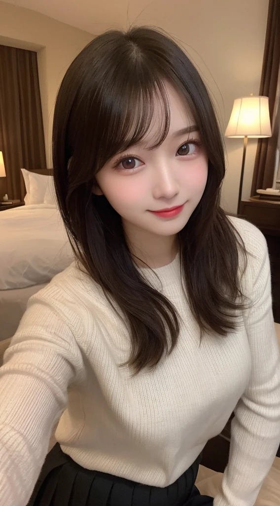table top, highest quality, figure, super detailed, finely, High resolution, 8k wallpaper, 完璧なダイナミックな構figure, beautiful and fine eyes, fluffy winter clothes,medium hair,Outstanding style,natural color lip,smile,mansion(room)、20 year old girl、cute、sexy looking at camera,perfect and beautiful face,knit sweater,Photograph the entire body、pleated skirt、stand、Hotel、night、Normal brightness room lighting