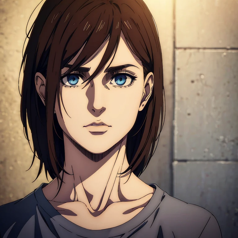 A female character who is younger with brown medium hair in the Mappa art style she is also thin and tender. She has detailed blue eyes. She is depicted in a grey shirt, showcasing a sharp jawline. She is also fair. She has good facial structure The artwork should have the best quality, with ultra-detailed and realistic features. The color palette should be vivid, and the lighting should emphasize the character's facial structure and expression.