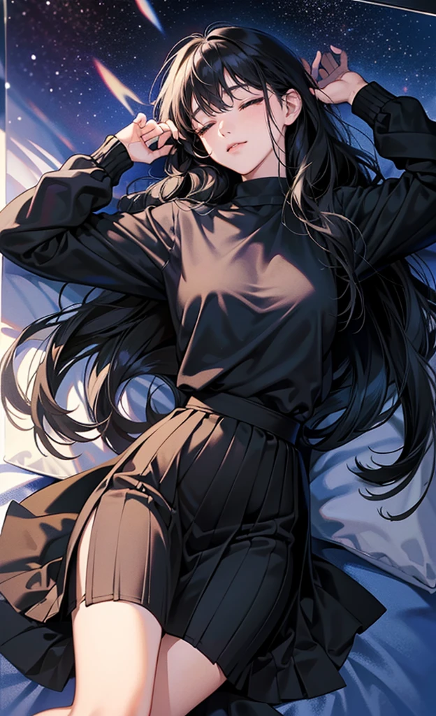 (8k, best quality, masterpiece),girl,Bangs,black tie,long black hair,wavy_hairs,Black Sweater,skirt,Corner,Sky,lying down,eyes closed,Future world loneliness