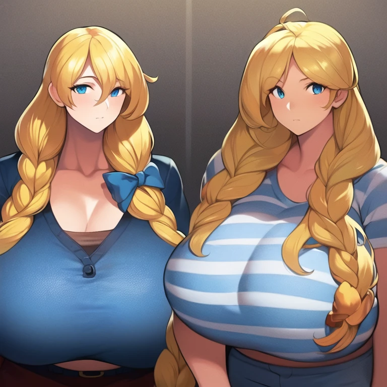 ((masterpiece)), ((best quality)), (ultra-detailed), (realistic), beautiful face, detailed hands, expressive eyes, 1girl, solo, (cassie, theycallhimcake, blonde hair, very long hair, braid, bow, striped shirt, blue shirt, red shorts, gigantic breasts), mature female, milf, motherly, 40yo, narrow waist, wide hips, curvy