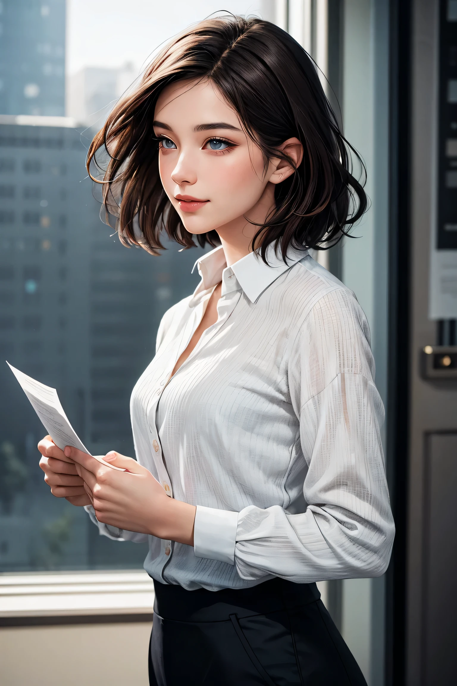 A vibrant digital portrait of a confident lady with charmingly messy short dark hair. Expressive eyes radiate enthusiasm and intelligence as she gazes ahead with a pensive yet playful smile. Smooth olive skin glows in the warm side lighting. Stylish outfit combines practicality with personality - slim fitting button down and fitted pants allow full range of motion. Environment hints at her interests - scattered papers and open books indicate an intellectual and creative free spirit. Rendered through hyper-realistic digital painting style with delicate textures, intricate patterns and subtly blended colors that accentuate natural beauty over unrealistic proportions. Inspired by empowering depictions of independent modern women found in illustrations by Kuvshinov and Greg Colton.