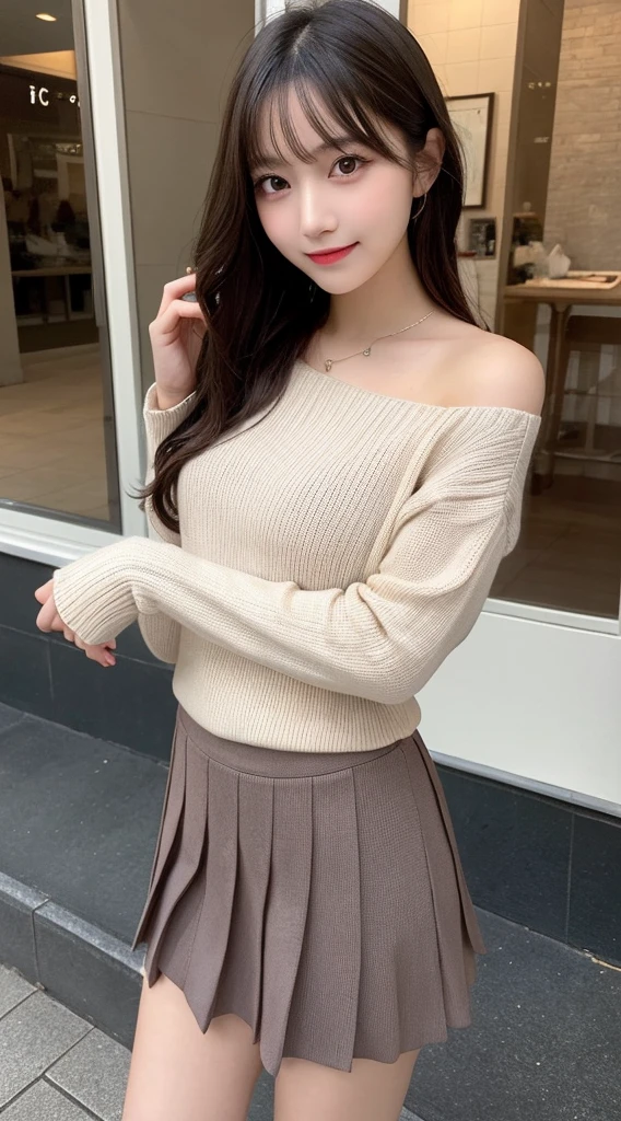 table top, highest quality, figure, super detailed, finely, High resolution, 8k wallpaper, 完璧なダイナミックな構figure, beautiful and fine eyes, ladies fashion summer,medium hair,small breasts,natural color lip, bold sexy pose,smile,Harajuku、20 year old girl、cute、sexy shot looking at camera、body whole、full shot、knit sweater、pleated skirt、boots