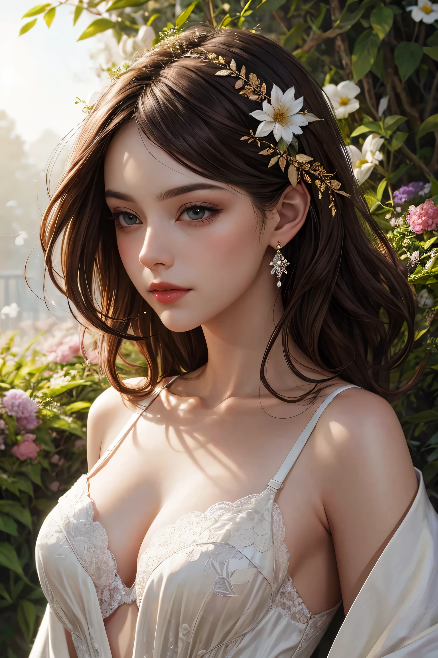 Ultra realistic portrait of a beautiful brown-haired lady gazing at the setting sun, outdoors in a lush garden during golden hour. She is wearing a lacy white bra beneath a flowing, partially open robe. Intricate floral pattern details are visible on her bra and robe. Radiant light bathes her smooth skin in a warm glow. Her expression is pensive yet peaceful. Gentle wisps of hair move in the breeze. A backdrop of flowers and greenery are visible behind her. Digital painting style focused on luminous colors, delicate textures and harmonious composition. Refined brushwork brings out the intricate details. Inspired by the works of Tamara de Lempicka and Erte, conveyed through the conceptual style of Greg Rutkowski.