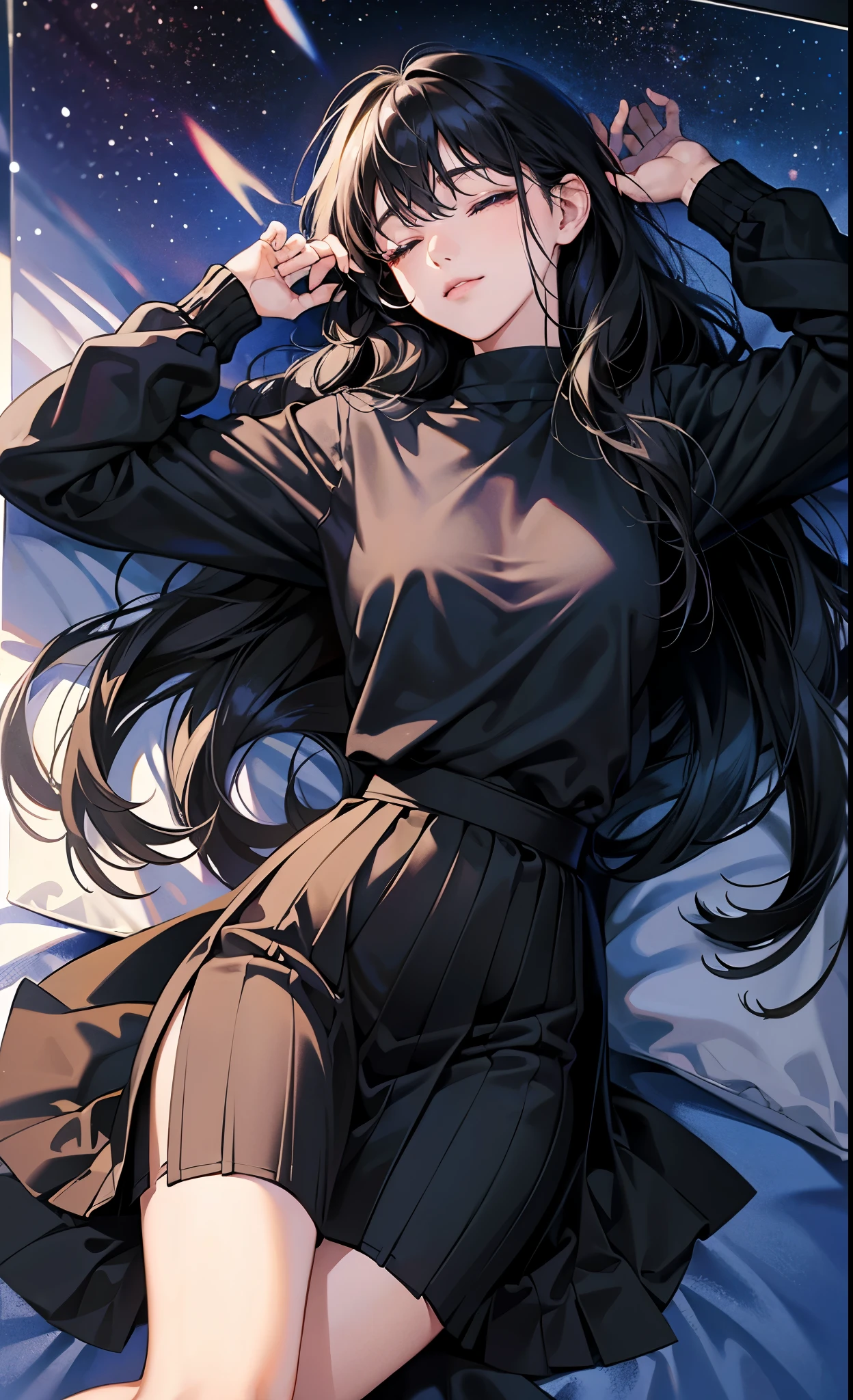 (8k, best quality, masterpiece),girl，Bangs，black tie，long black hair，wavy_hairs，Black Sweater，skirt，Corner，Sky，lying down，eyes closed，Future world loneliness