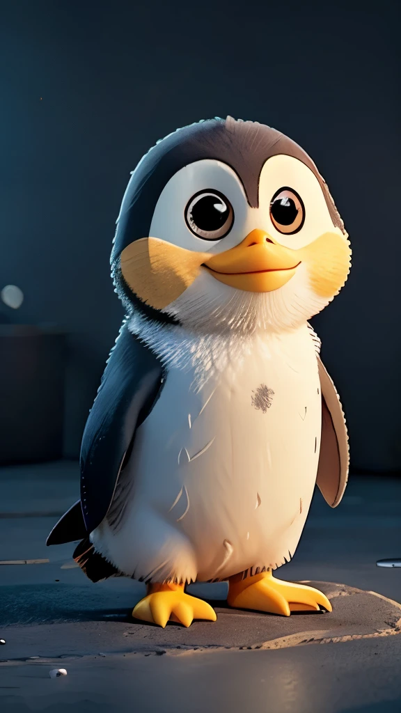 A baby penguin standing in front of its food .make the penguin golden colour .