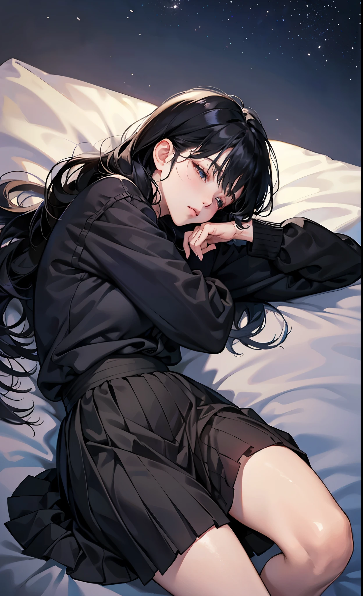 (8k, best quality, masterpiece),girl，Bangs，black tie，long black hair，wavy_hairs，Black Sweater，skirt，Corner，Sky，lying down，eyes closed，Future world loneliness