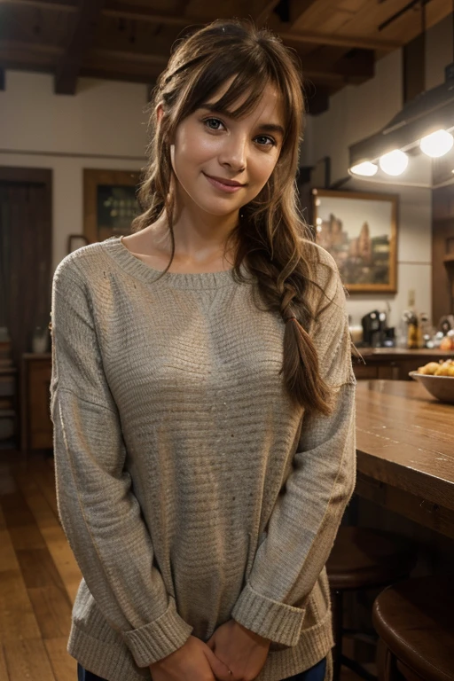 In the environment of a photo studio with the highest image quality (4K, 8K resolution, art: 1.2), a stunning woman with side bangs and a delicate braid, Smiling and dressed in a comfortable outfit, she projects a relaxed atmosphere and cozy, it rests gracefully on a pier.

This ultra-detailed portrait is perfect for art lovers, with a realistic, almost photorealistic approach (photorealistic: 1.37), which highlights every detail, from the nuances of facial expressions to the textures of the pajama fabric. Meticulously designed studio lighting accentuates the vibrancy of colors and creates an HDR and Ultra-HD effect, making each element visually captivating.

The bright tones and the application of the Bokeh effect add an artistic dimension, elegantly blurring the background and directing the eye towards the smiling woman. The narrative context expands when mentioning her relationship with a restaurant, perhaps suggesting an involvement with the culinary universe. Furthermore, by including the reference to biological parents, the image acquires deeper emotional layers, connecting to the model's personal life.

This masterpiece is not just a photograph, but a high-quality, ultra-detailed artistic expression, ideal for an 8K HDR wallpaper. With brilliant lighting, sharp focus, and intricate detail, this image provides an extraordinary visual experience.