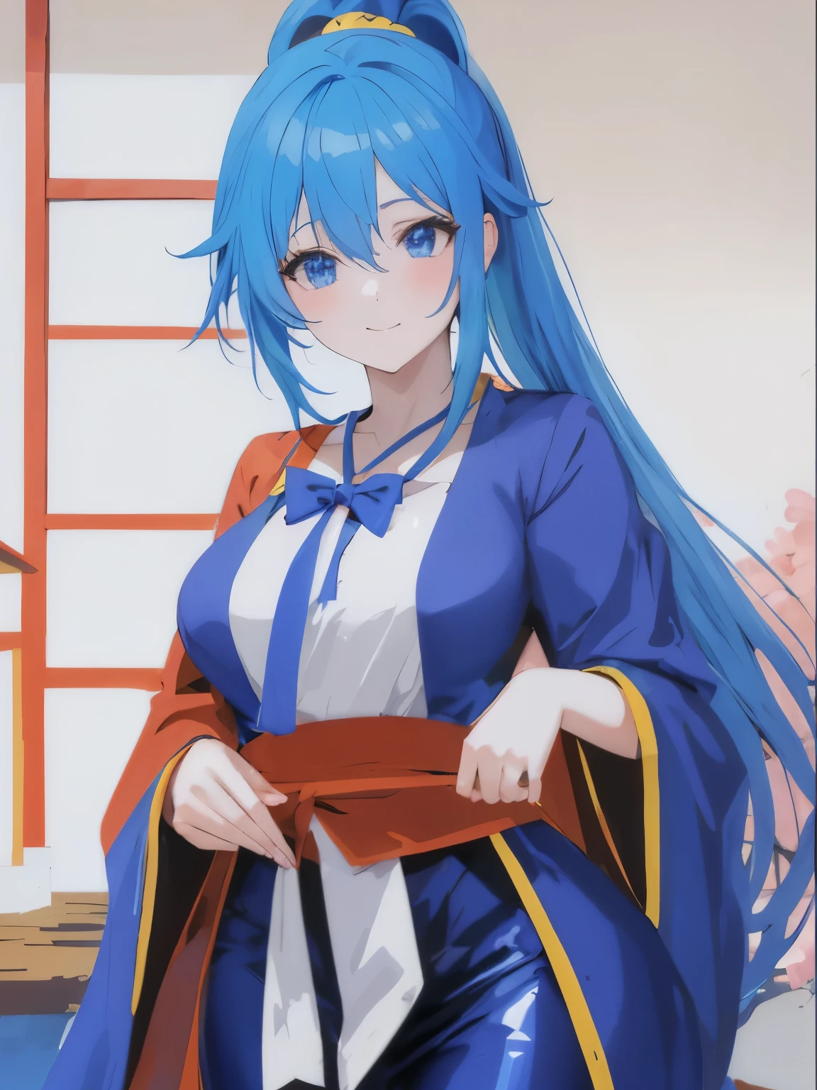 Chica anime con cabello azul y ojos azules con un traje rojo., aqua from Konosuba, Konosuba, Konosuba anime style, chica anime seductora, anime moe art style, from sengoku period, beautiful alluring mujer anime, onmyoji, mujer anime, Diosa del anime, [32k high definition]^10, en kimono