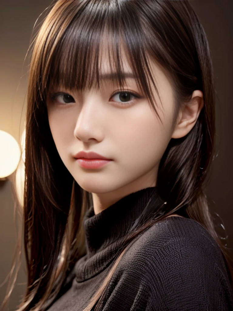masterpiece、1 beautiful girl、detailed eye、puffy eyes、highest quality, Super high resolution, (reality: 1.4), movie lighting、asian beauty、Korean、Super beautiful、beautiful skin、Slender、body facing forward、(surreal)、(High resolution)、(8K)、(very detailed)、(beautiful detailed eyes)、(super detailed)、 (wall-)、detailed face、bright lighting、professional lighting、looking at the viewer、look straight ahead、Black knitwear、slanted bangs、night scene、brown hair、19 years old、expensive,