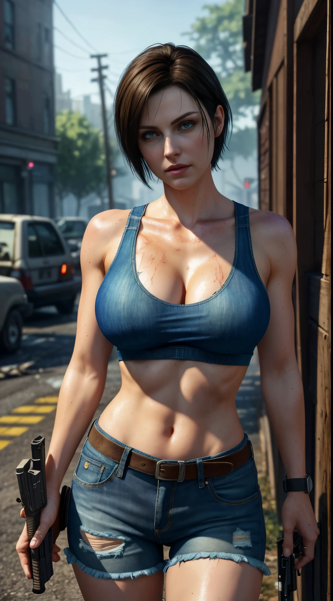 Jill Valentine,short black hair,blue tank top,torn clothing,denim shorts, blue eyes, gorgeous face, beautiful face, gigantic breasts,slim waist,wide hips,high waist,serious expression,hard nipple,breasts about to burst of her clothing,Resident Evil,zombie apocalypse background,at night,rain,wet clothes,Holding a rifle in both hands, best quality, masterpiece, intricate details, tonemapping, sharp focus, hyper detailed, trending on Artstation, realistic,(looking at viewer:1.3)