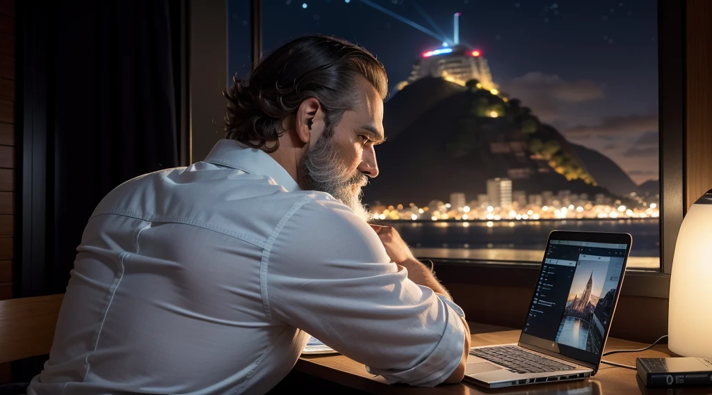 homem velho, cabelos e barba brancos, lendo um e-mail no seu notebook, sentado na varanda de sua casa, In the background as the Sugar Loaf, rio de janeiro, Noite escura, contemporary style, Rear view, maximum detailed, alta qualidade