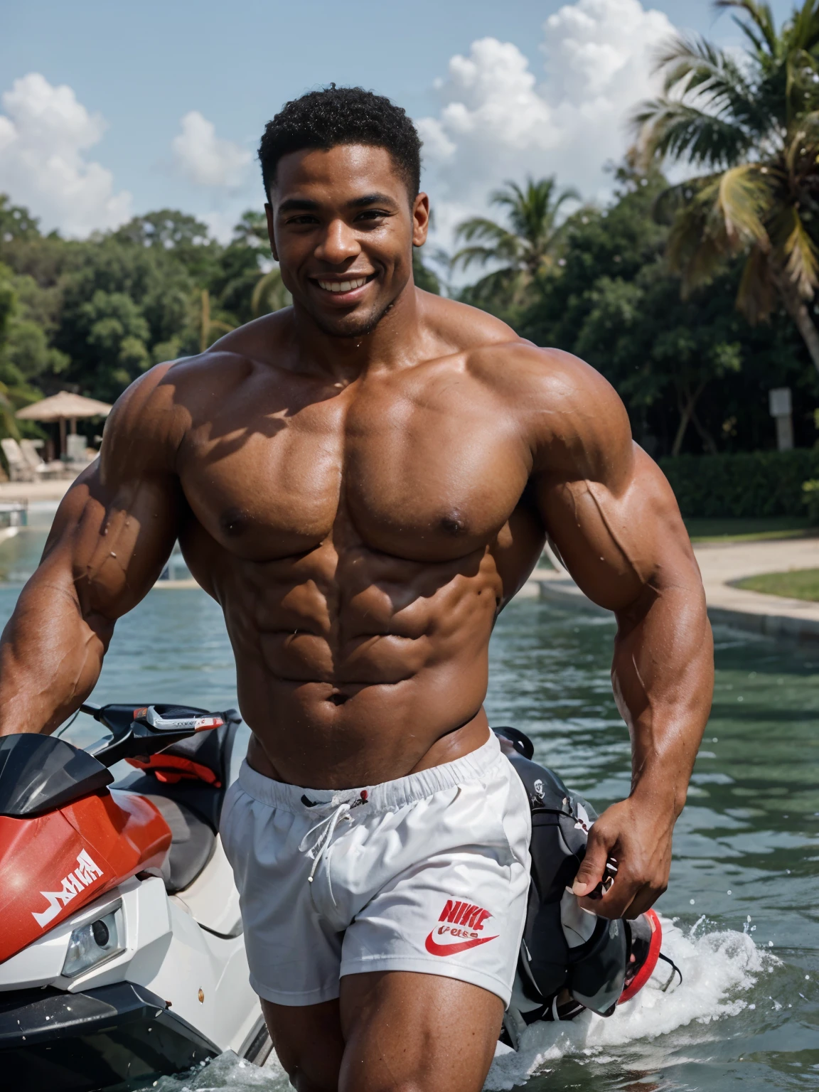 black, beautiful,fit black man, beautiful and perfect face, huge muscles, perfect smile , fit bodybuilders, shirtless , sensualizing,  Walking by Jet Ski , bodybuilder , white swim trunks with nike symbol 