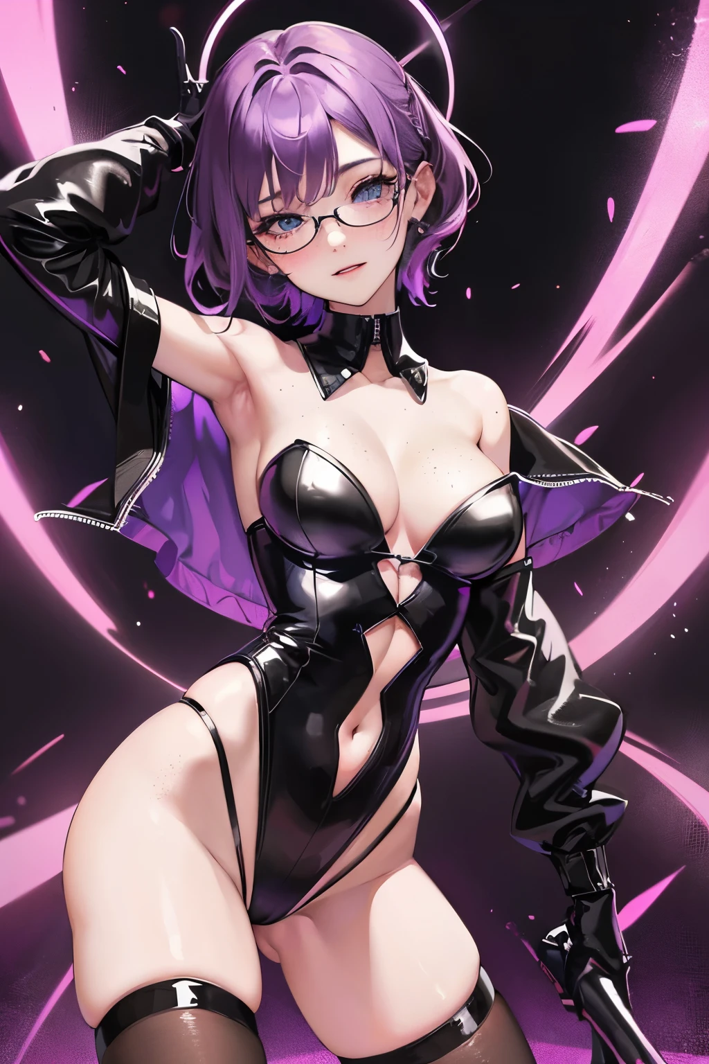 beautiful  girl, medium breasts, cleavage, very thin body, very short hair, purple hair, blue eyes, freckles, seductive, happy, smiling, blushing, black strapless high-waist leotard, high heels, thigh high socks, thin frame eyeglasses, crowded night club background, 8k, highly detailed, perfect anatomy 