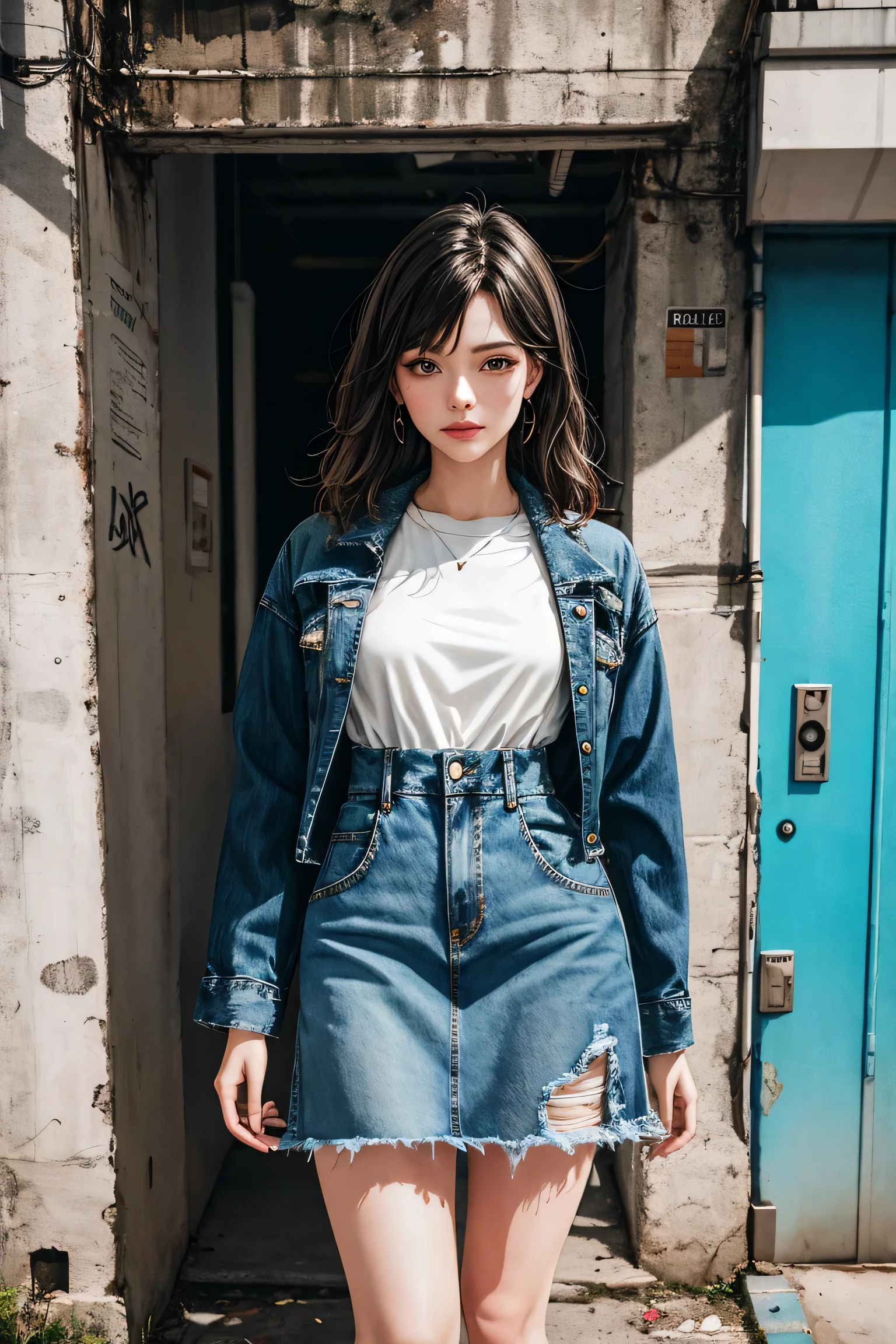A fashionable woman wearing a trendy denim skirt, exuding confidence and style. The skirt is a distressed, high-waisted design, accentuating her curves and giving her a chic and edgy look. The photo is set against a vibrant urban backdrop, with colorful graffiti adorning the walls, adding a touch of urban flair to the scene. The mood is energetic and youthful, capturing the spirit of a bustling city. The photo is taken with a vintage film camera, using a 35mm lens to capture the details and textures of the denim
