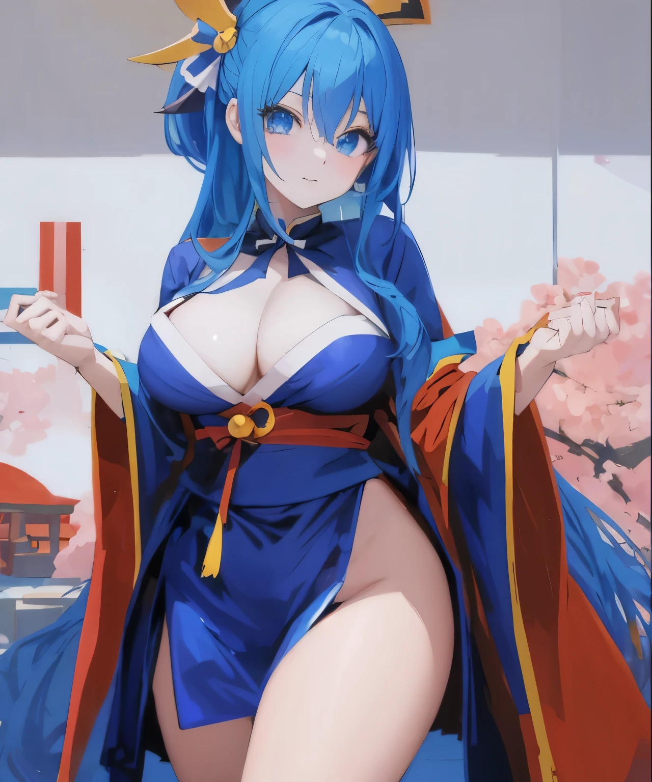 Chica anime con cabello azul y ojos azules con un traje rojo., aqua from Konosuba, Konosuba, Konosuba anime style, chica anime seductora, anime moe art style, from sengoku period, beautiful alluring mujer anime, onmyoji, mujer anime, Diosa del anime, [32k high definition]^10, en kimono