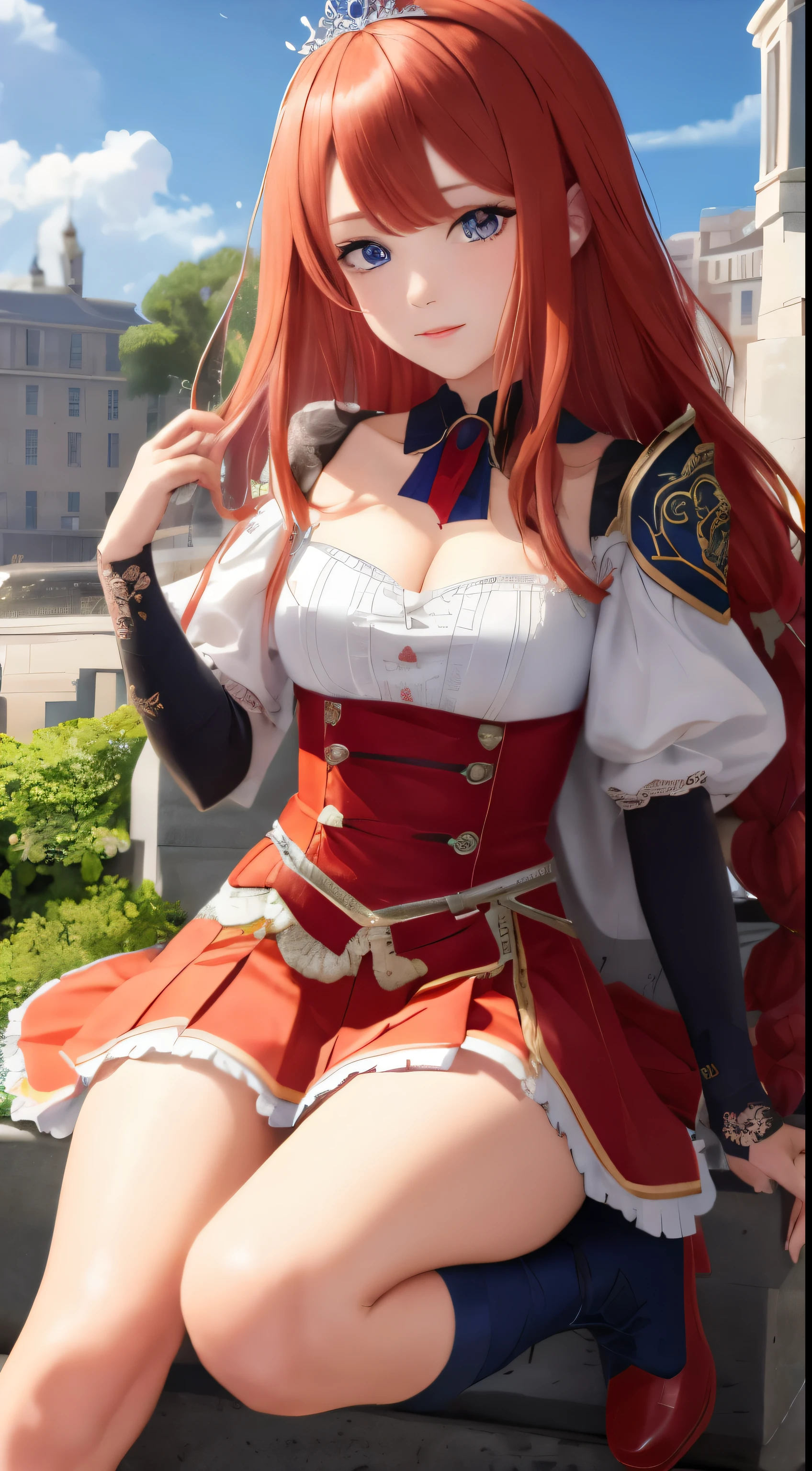 Dog style, Dog style, Blue eyes, hair ornament, long hair, orange hair, to the tiara, hair, hair hair, BREAK arm belt, Armor, Ascot, blue Socks, boots, dress, gloves, hair ornament, Open clothes, open dress, shoulder pads, pleated skirt, puffy short sleeves, puffy sleeves, red Ascot, red skirt, short sleeves, shoulder Armor, SINGLE SHOULDER PAD, skirt, Socks, white dress, white shoes, white gloves, BREAK looking at viewer, whole body, BREAK outdoors, BREAK (masterpiece:1.2), Best quality, a high resolution, Unity 8k Wallpaper, (illustration:0.8), (beautiful detailed eyes:1.6), very detailed face, perfect lighting, extremely detailed computer graphics, (perfect hands, perfect anatomy),
