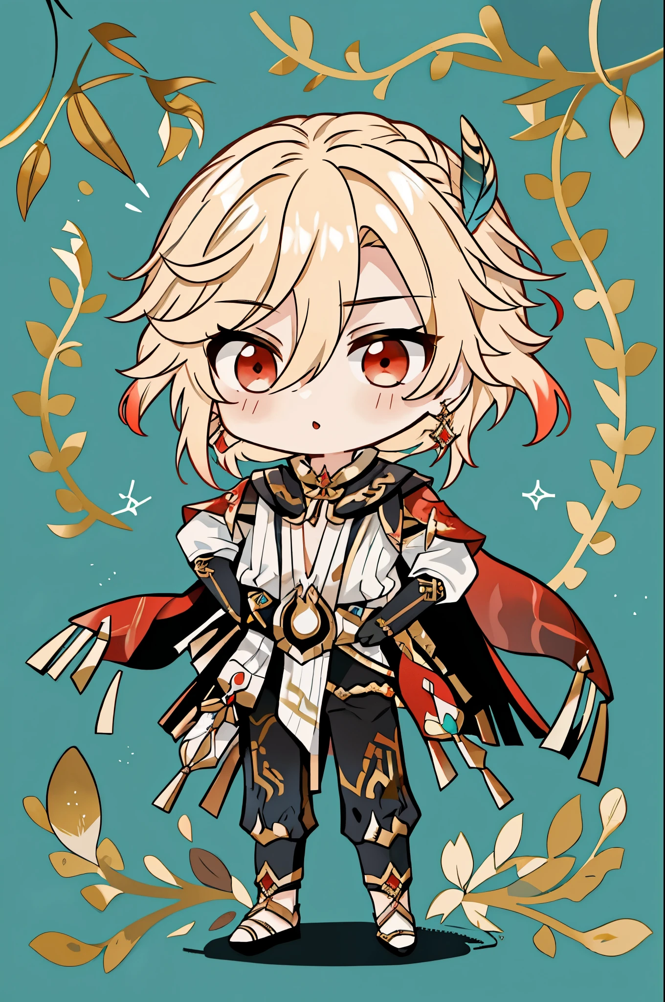 1 male chibi boy solo, ((chibi)), blond hair, red eyes, kaveh genshin impact, white top, red and black embroidered details, golden accessories, dark pants, fingerless gloves, feather hair ornament