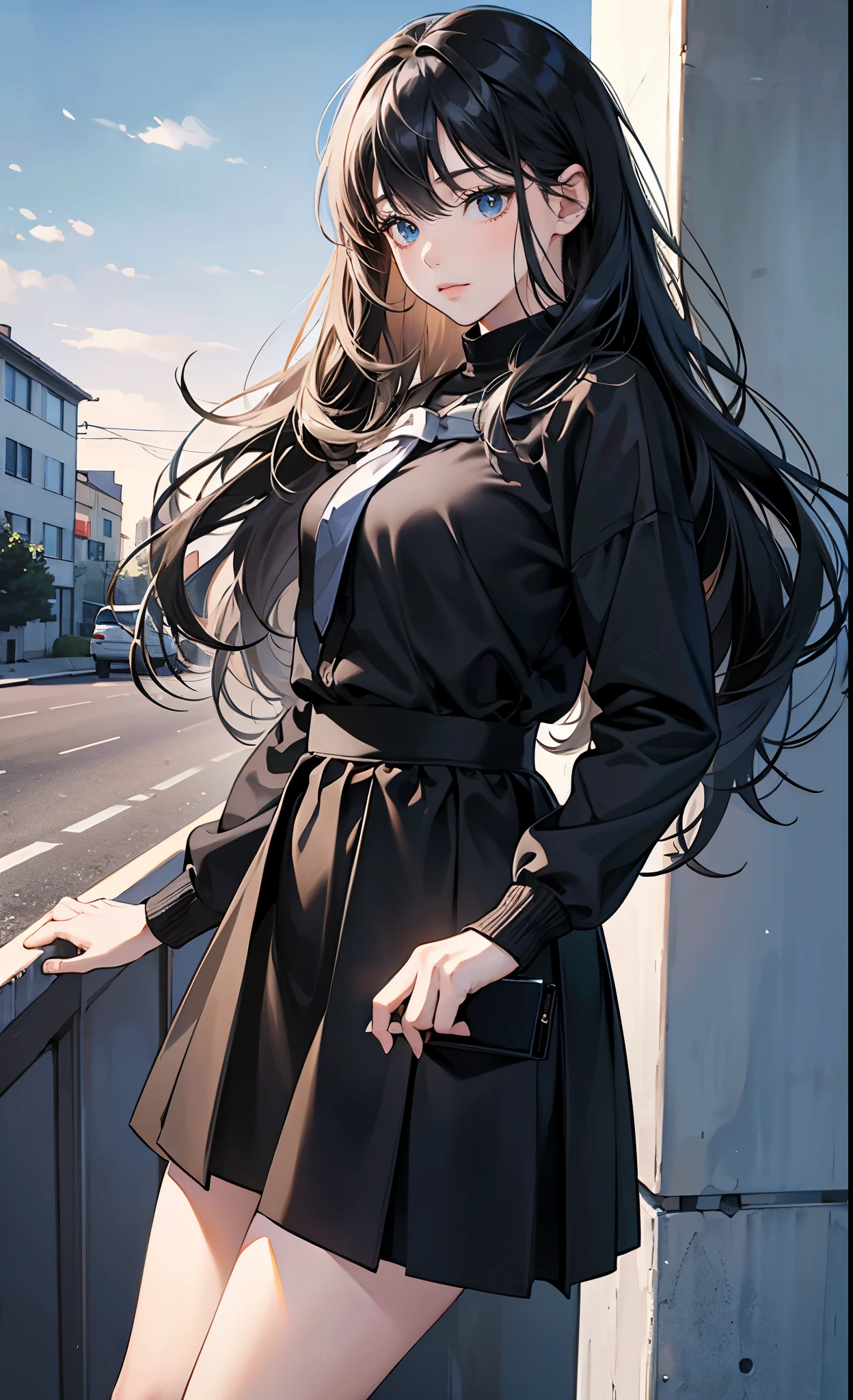 (8k, best quality, masterpiece),girl,Bangs,black tie,long black hair,wavy_hairs,Black Sweater,skirt,Corner,Sky,surprise,Display,