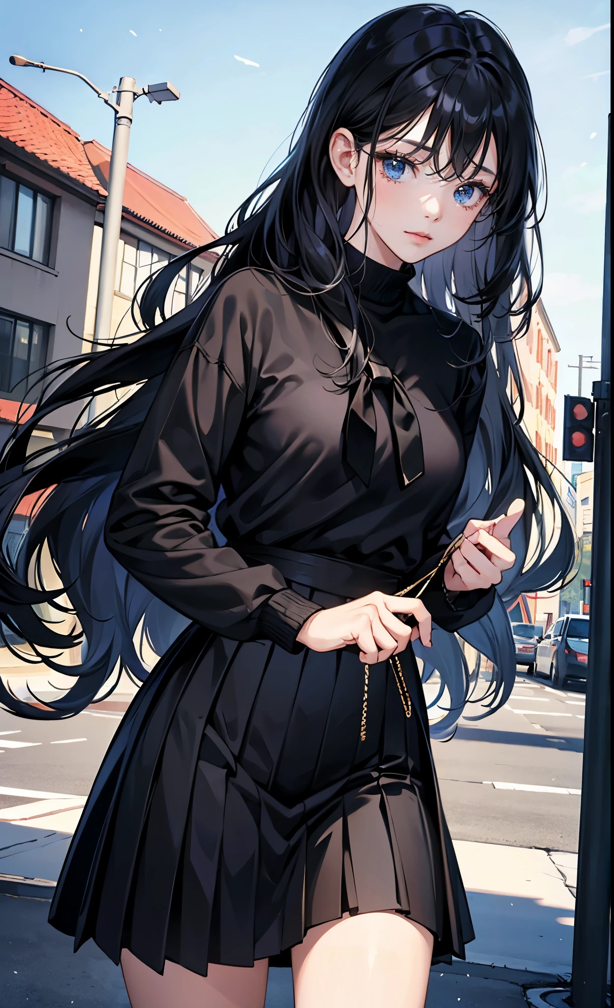 (8k, best quality, masterpiece),girl,Bangs,black tie,long black hair,wavy_hairs,Black Sweater,skirt,Corner,Sky,surprise,Display,